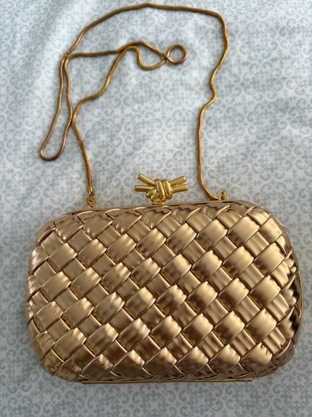Gold Woven Evening Clutch with Chain Strap